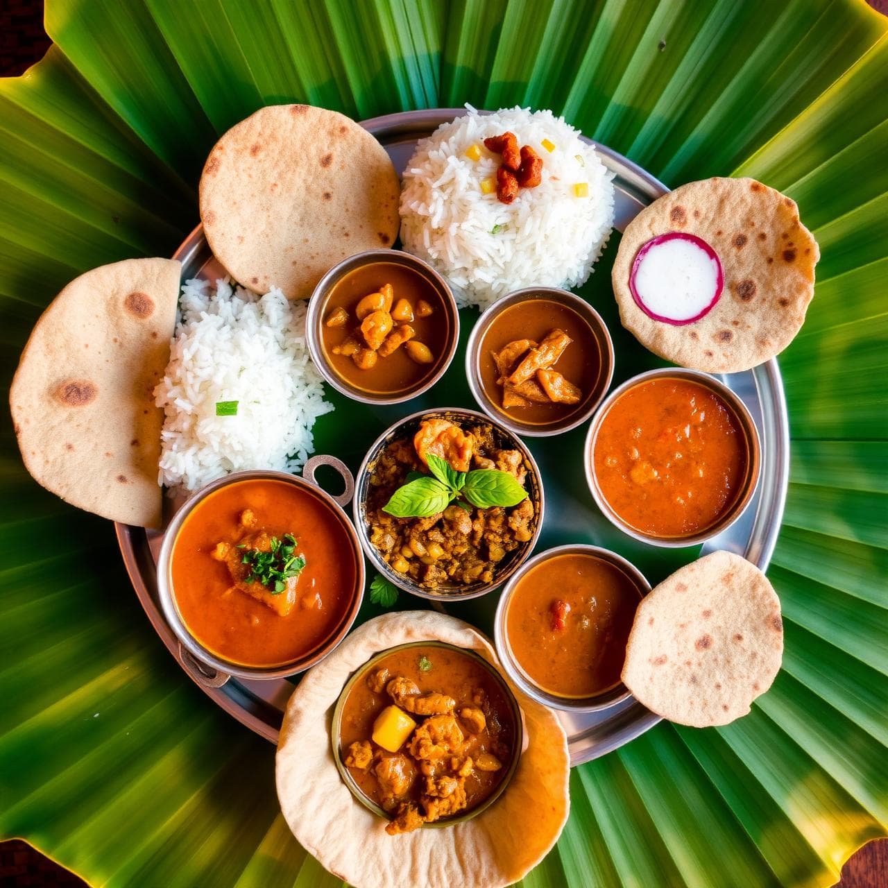 Authentic Indian thali with curries, dal, rice and roti