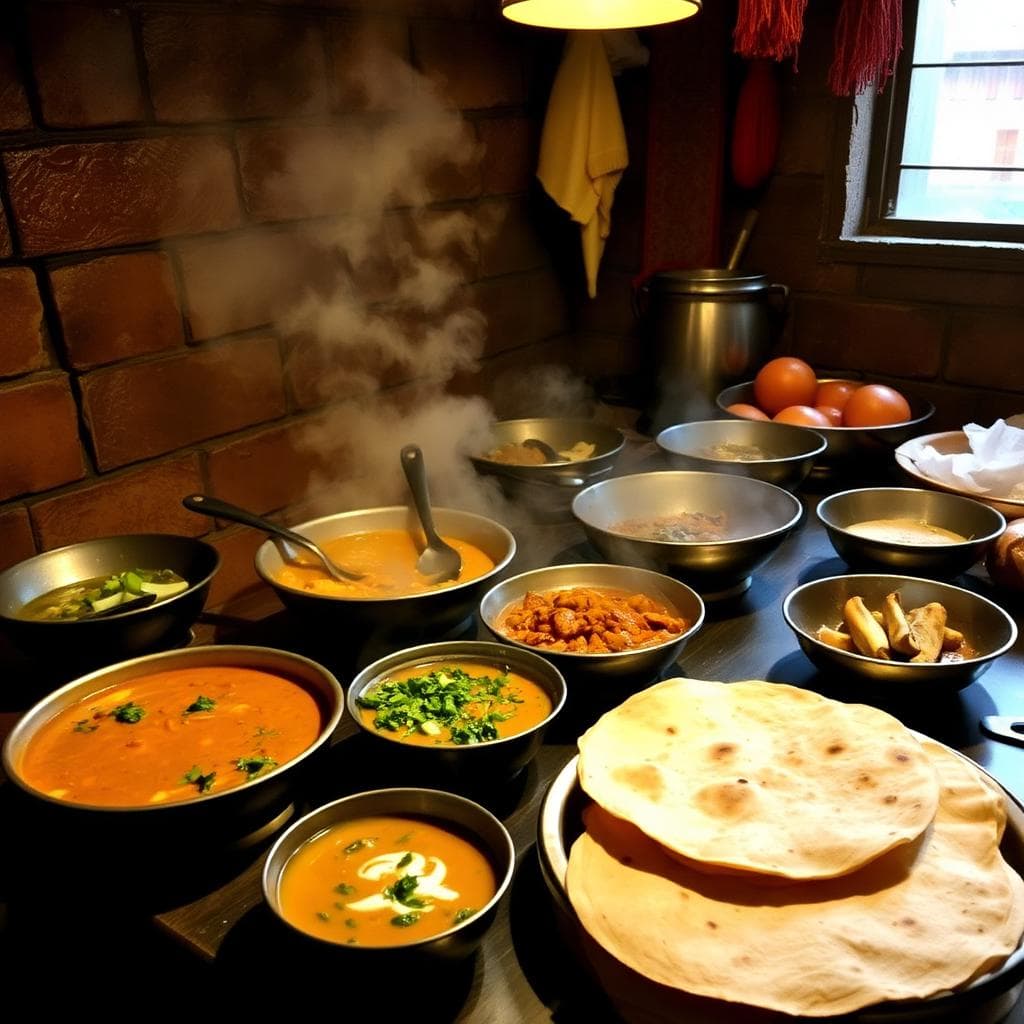 Traditional Indian mess kitchen serving steaming hot dal and chapati